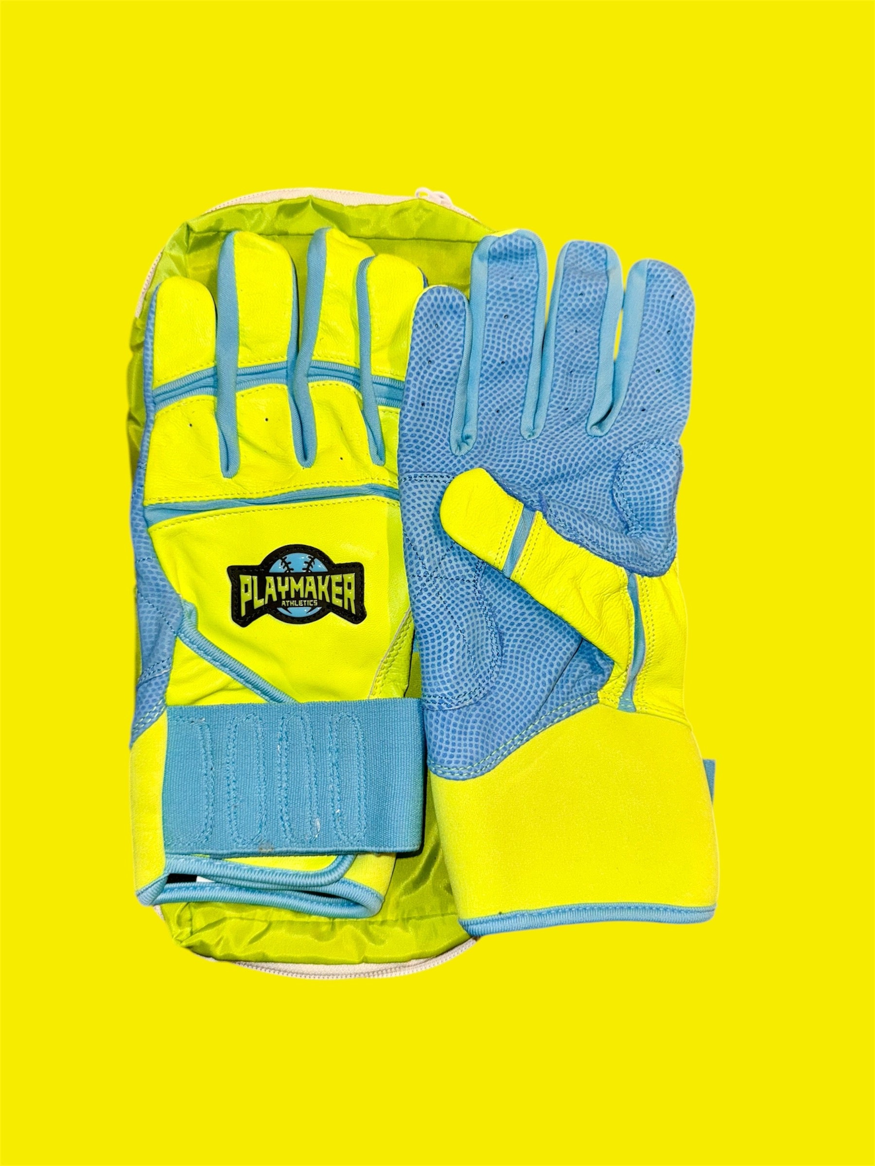 Blue and yellow batting gloves on sale